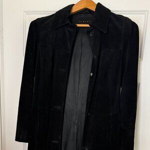 SISLEY Women’s Black Genuine Leather Suede Stylish Long ~57" Trench Coat Sz 40